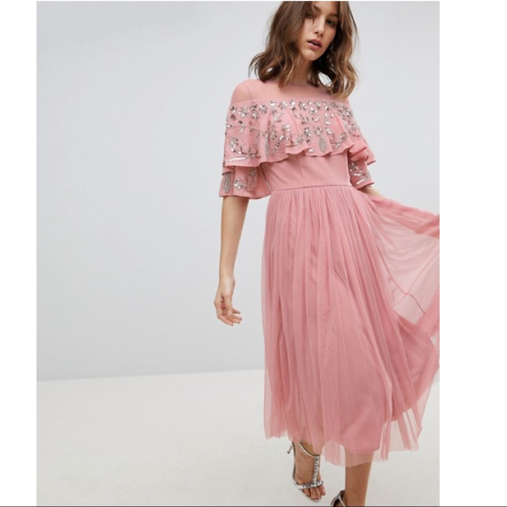 Maya Sheer Sequin Cape Overlay Midi Dress size 8